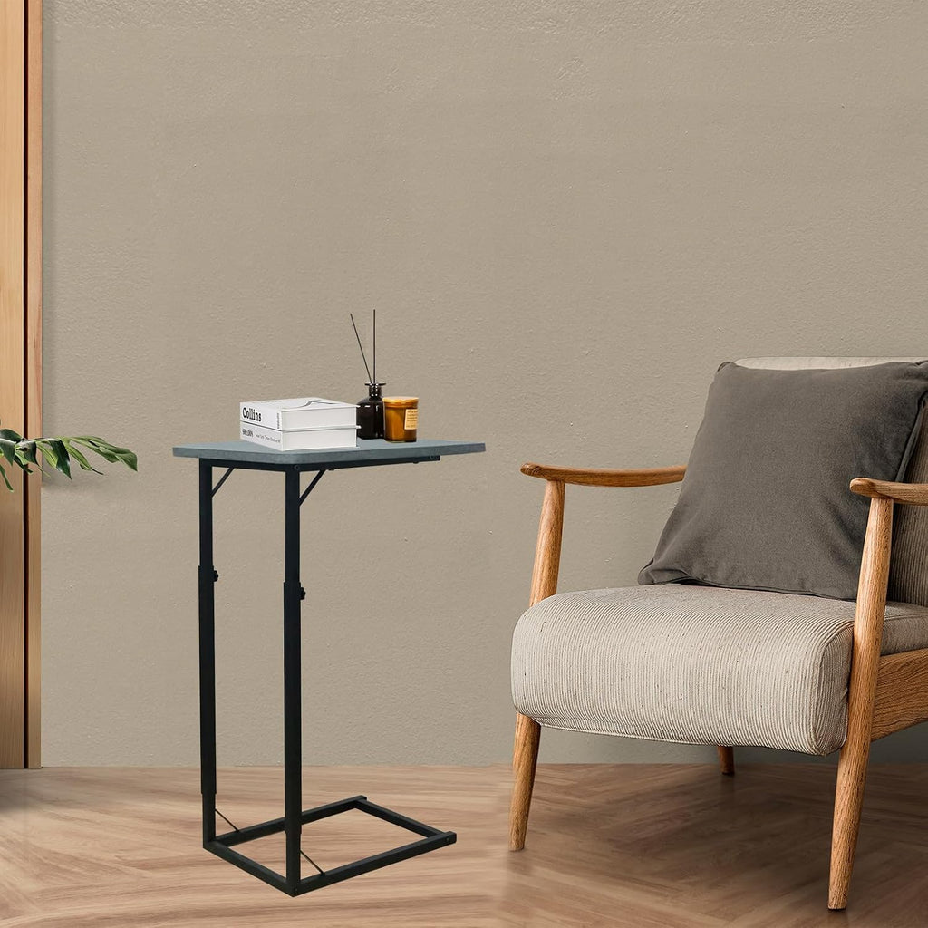 C-Shaped End Table for Couch, Adjustable Sofa Side Table with Sturdy Metal Frame, Small Space Rustic Gray TV Tray Table for Living Room, Bedroom, Bedside, Modern Functional Accent Furniture