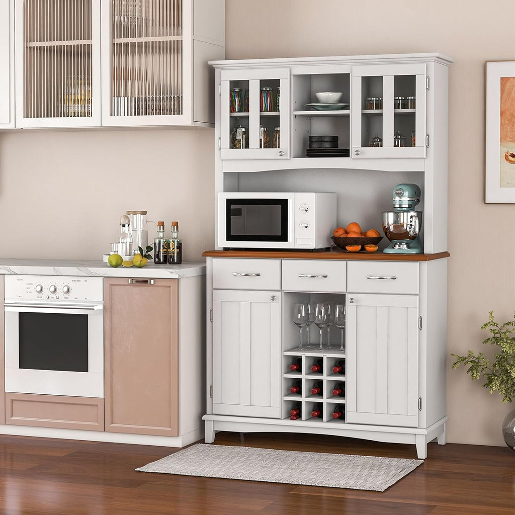 PETSITE Kitchen Pantry Storage Cabinet, Freestanding Microwave Cupboard with Tempered Glass Cabinet, Wine Rack, Adjustable Shelves, Buffet with Hutch for Living Room, Dining Room, White