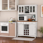 PETSITE Kitchen Pantry Storage Cabinet, Freestanding Microwave Cupboard with Tempered Glass Cabinet, Wine Rack, Adjustable Shelves, Buffet with Hutch for Living Room, Dining Room, White