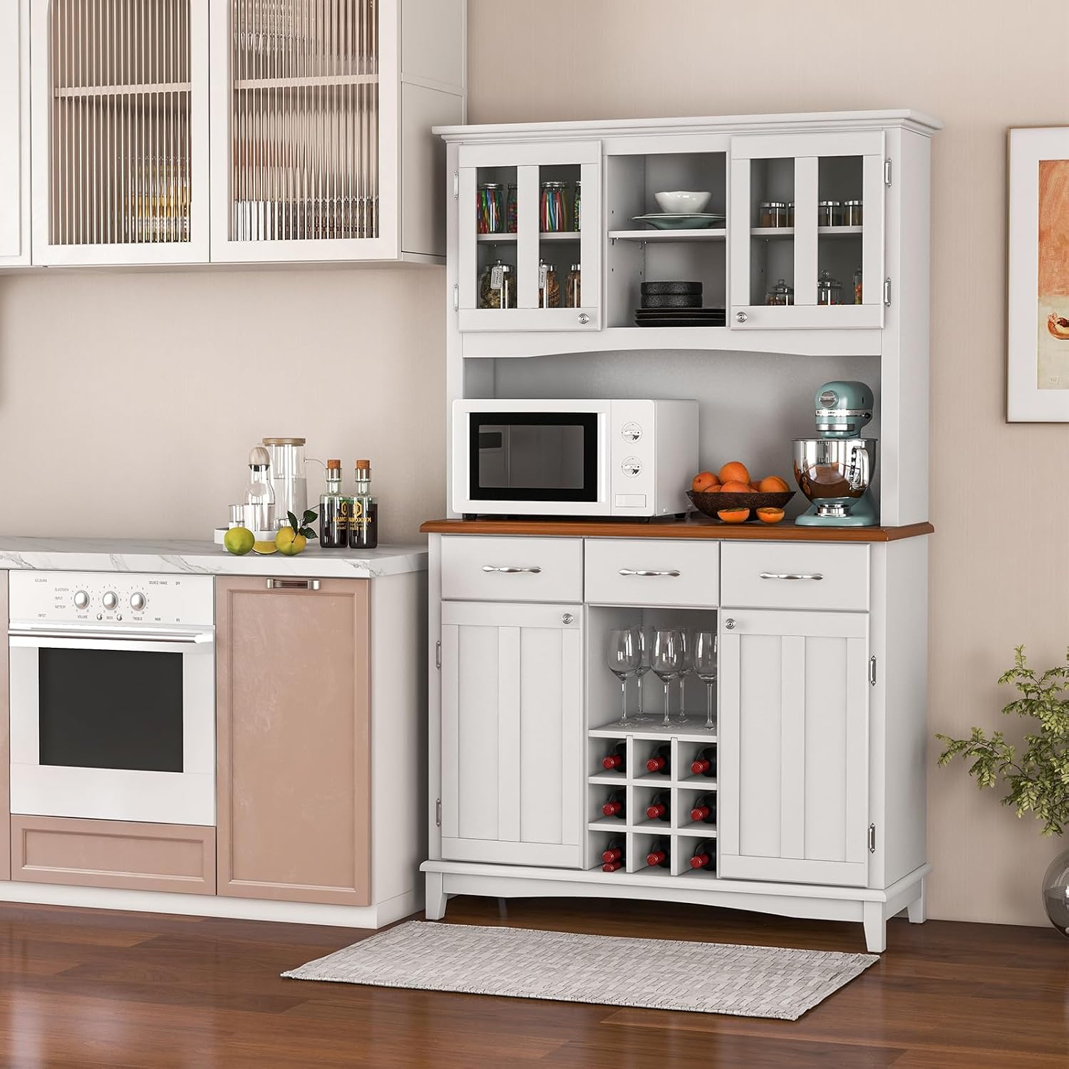PETSITE Kitchen Pantry Storage Cabinet, Freestanding Microwave Cupboard with Tempered Glass Cabinet, Wine Rack, Adjustable Shelves, Buffet with Hutch for Living Room, Dining Room, White