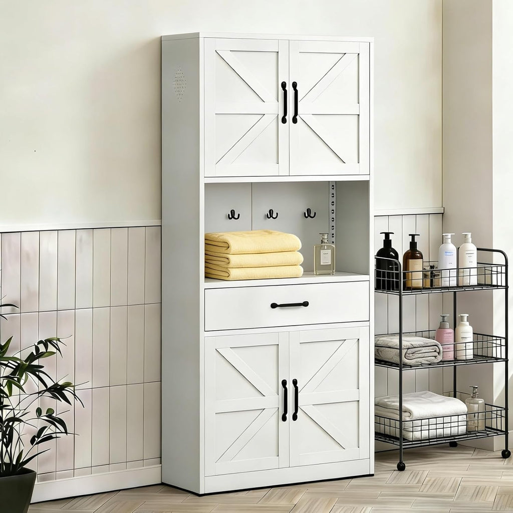 White Steel Kitchen Pantry Storage Cabinet with Large Countertop, Adjustable Shelves, Drawers & Hooks, Heavy-Duty White Cabinet for Kitchen Living Room Bathroom, 30.3x15.7x70.9 Inches