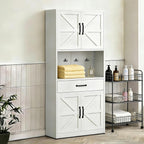 White Steel Kitchen Pantry Storage Cabinet with Large Countertop, Adjustable Shelves, Drawers & Hooks, Heavy-Duty White Cabinet for Kitchen Living Room Bathroom, 30.3x15.7x70.9 Inches