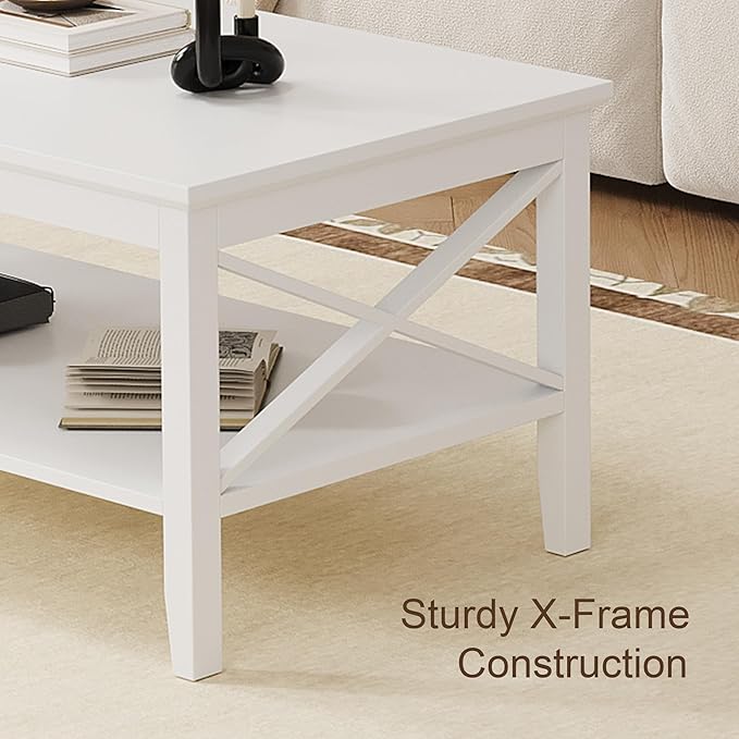 ChooChoo White Coffee Table Classic X Design for Living Room, Rectangular Modern Cocktail Table with Storage Shelf, 39 Inch