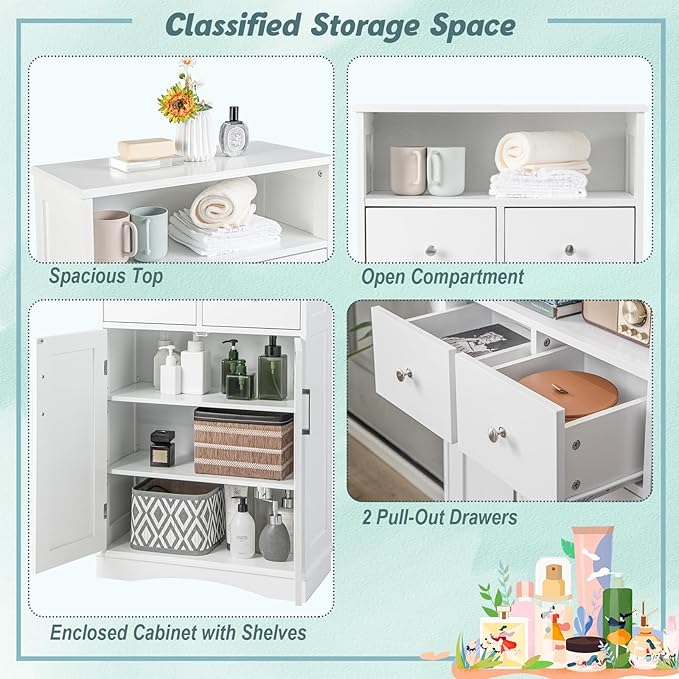Tangkula Bathroom Cabinet, Freestanding Storage Organizer w/2 Drawers & 2 Doors, 3-Position Adjustable Shelves, Anti-Toppling Design, Floor Cabinet for Bathroom (White, 2 Drawers & Cabinet)