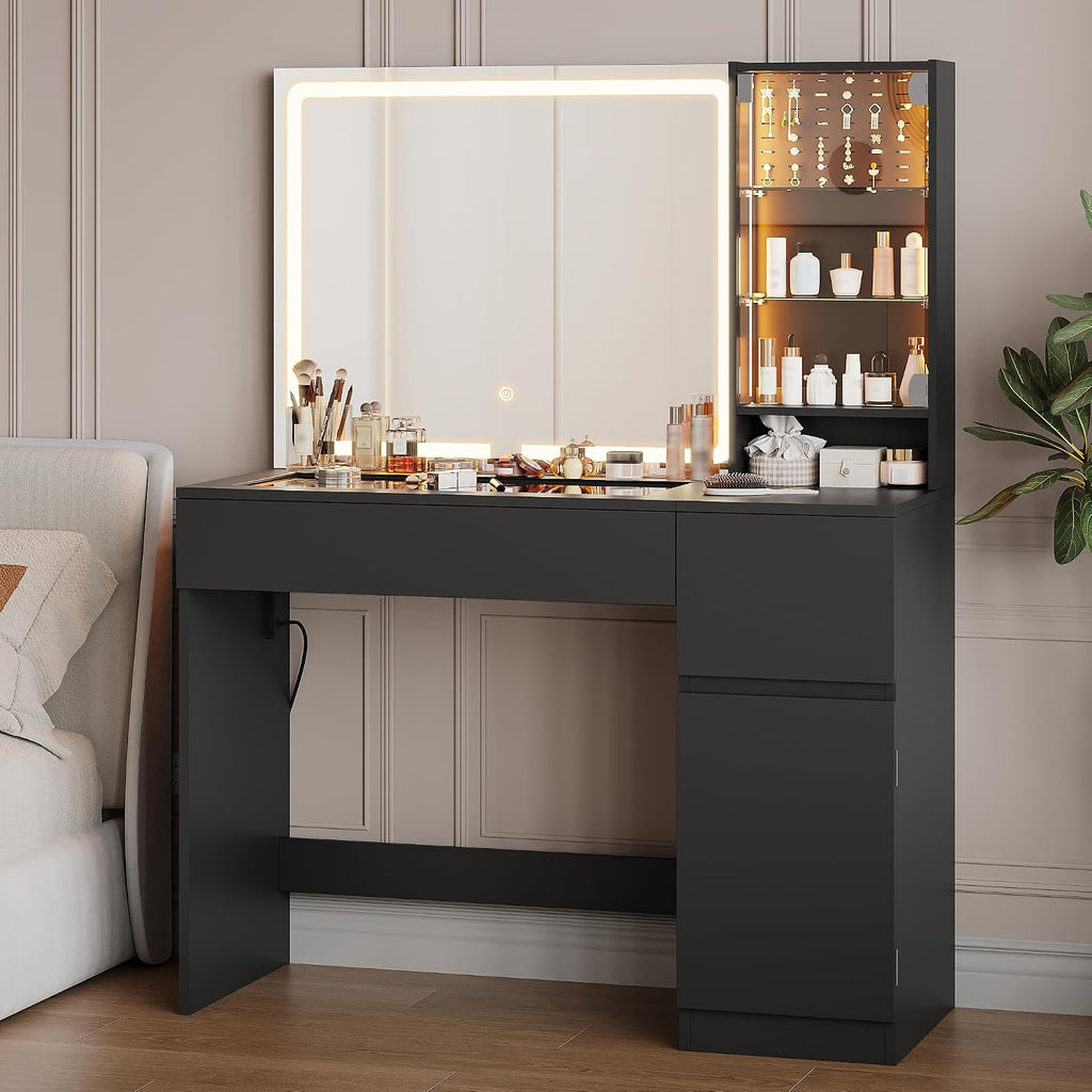 wanan Vanity with Glass Top, Black Vanity Desk with Mirror and Lights, Jewelry Storage, Power Outlet, 3 Adjustable Lighting Modes, Makeup Vanity with 2 Drawers for Bedroom