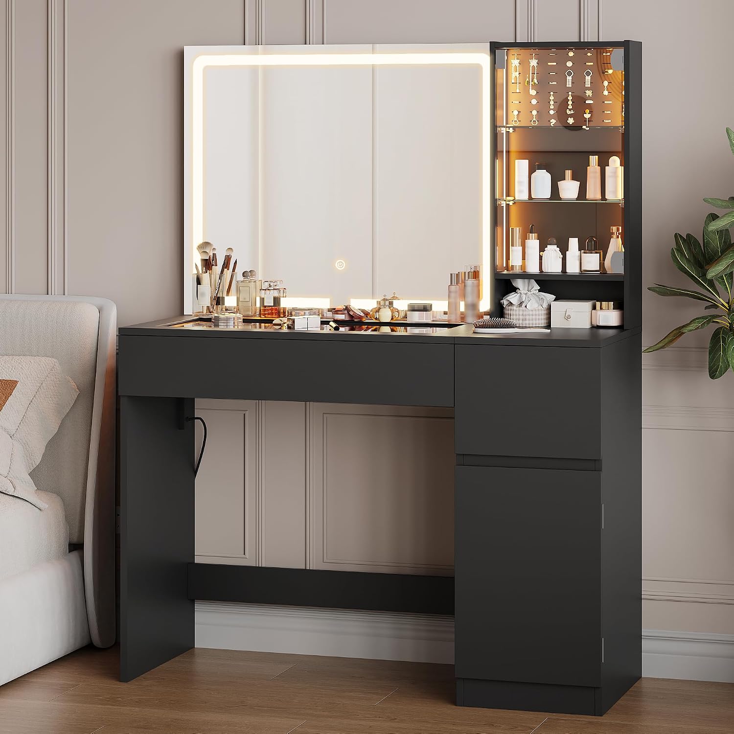 wanan Vanity with Glass Top, Black Vanity Desk with Mirror and Lights, Jewelry Storage, Power Outlet, 3 Adjustable Lighting Modes, Makeup Vanity with 2 Drawers for Bedroom