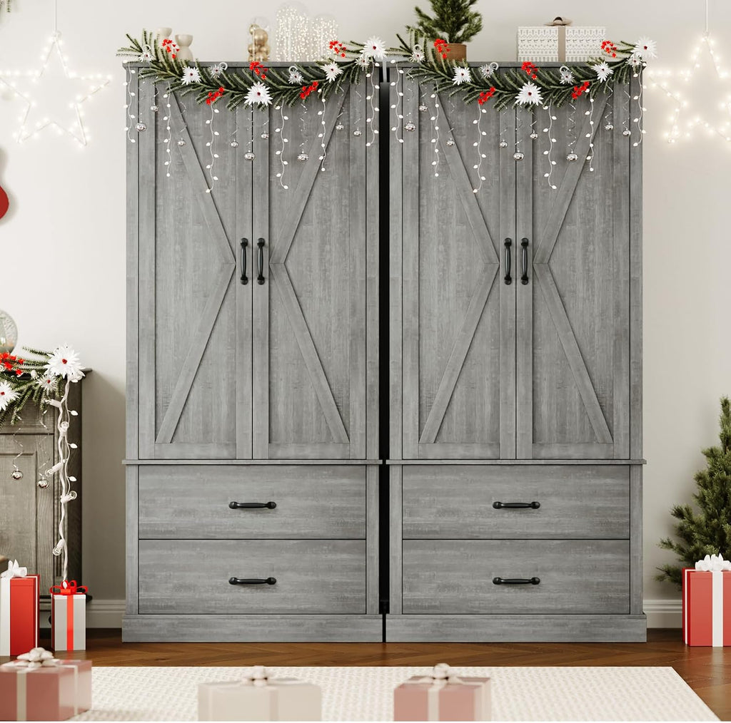 65" Tall Kitchen Pantry Cabinet with Barn Doors, Drawers & Adjustable Shelf, Farmhouse Storage Cabinet with Doors and Shelves for Kitchen Pantry Storage Cabinet, Dining Room, Laundry & Entryway, Grey