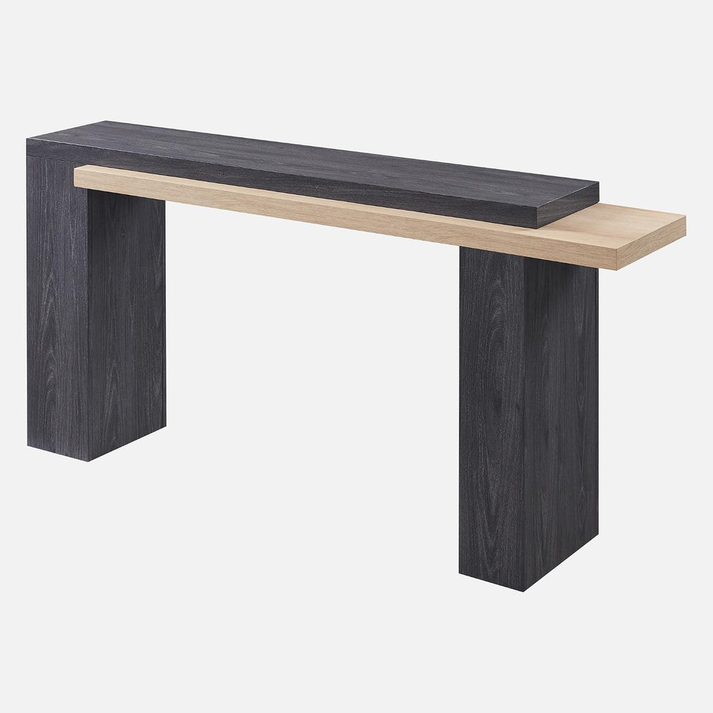 OKD 63" Geometric Console Table with Layered Top, Natural Oak & Dark Alder | Extended Layered Top, Sturdy Support Legs, Entryway, Hallway, Foyer, Living room, Behind Sofa