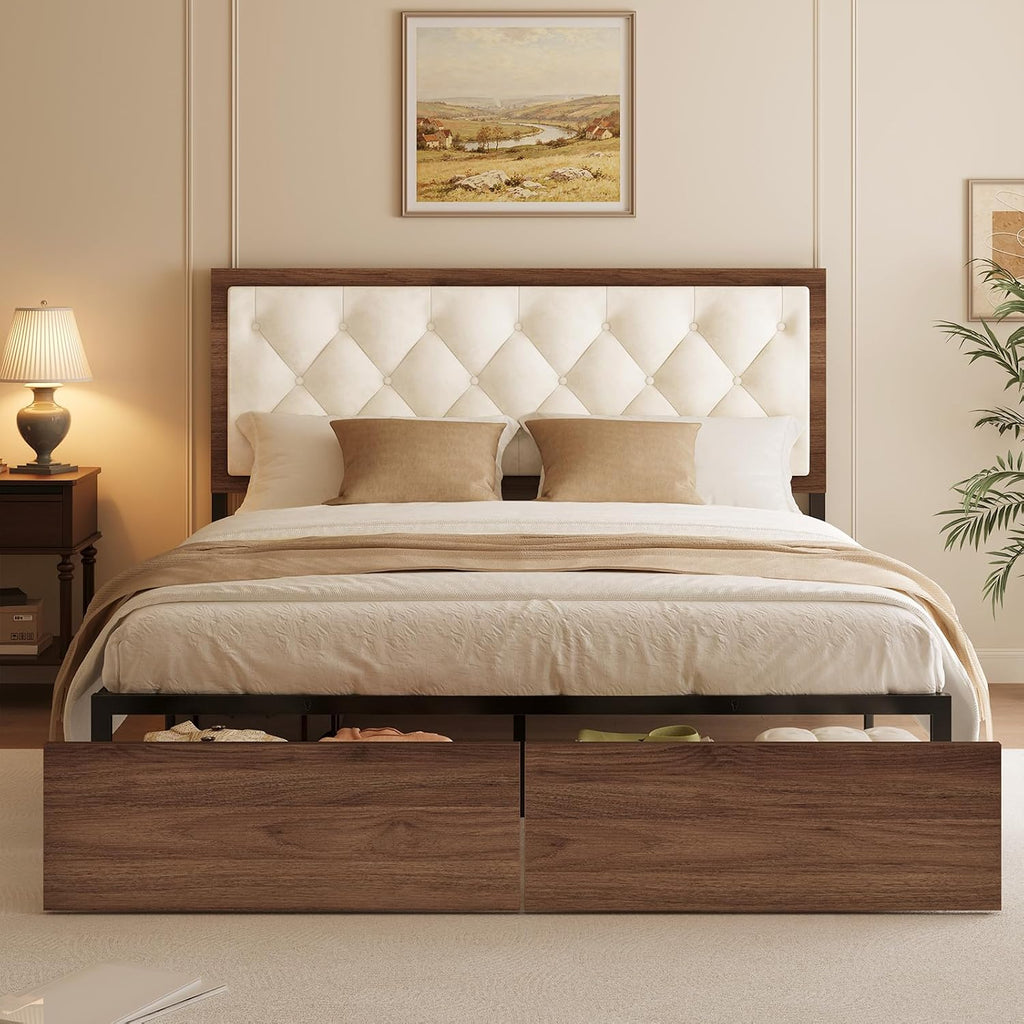 Queen Size Bed Frame with 2 Storage Drawers & Upholstered Headboard, Mid-Century Modern Platform Bed, Tufted Headboard, Metal Slat Support, No Box Spring Needed, Noise-Free, Easy Assembly, Walnut