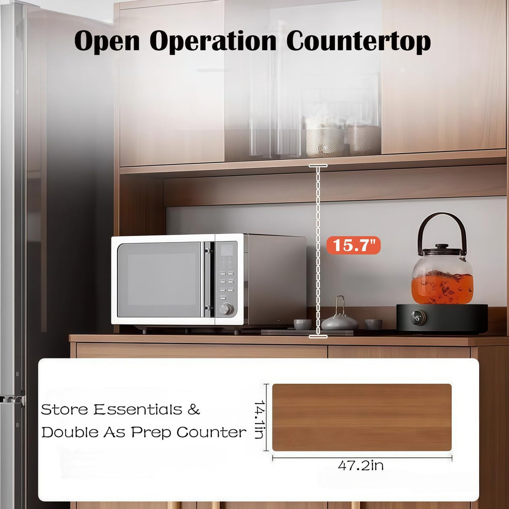 Kavie Kitchen Pantry Cabinet, Large-Capacity Sideboard with Open Shelf, Doors & Drawers, Wide Countertop for Appliances, Freestanding Cabinet for Kitchen (Natural+White,31.5" L*14.1" W*66.9" H)
