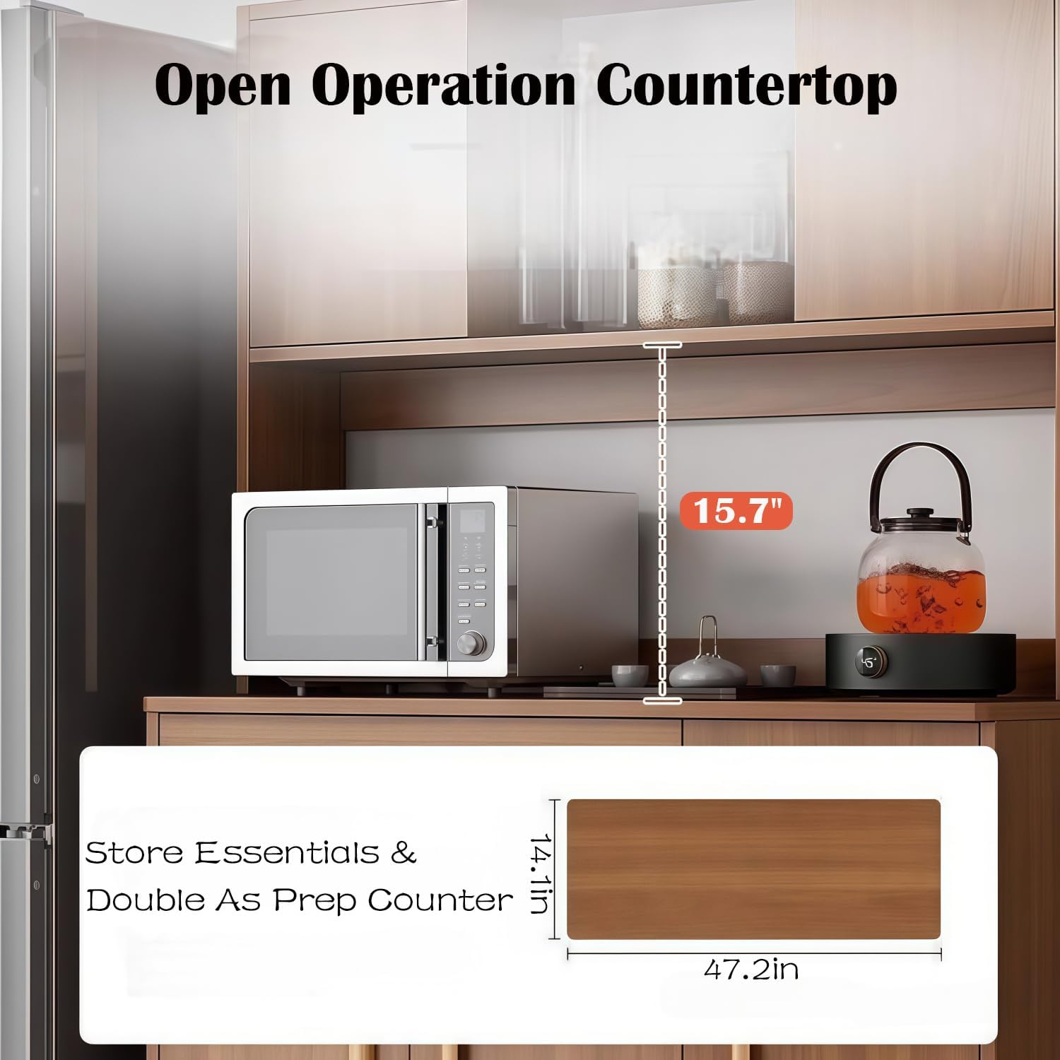 Kavie Kitchen Pantry Cabinet, Large-Capacity Sideboard with Open Shelf, Doors & Drawers, Wide Countertop for Appliances, Freestanding Cabinet for Kitchen (Natural+White,31.5" L*14.1" W*66.9" H)