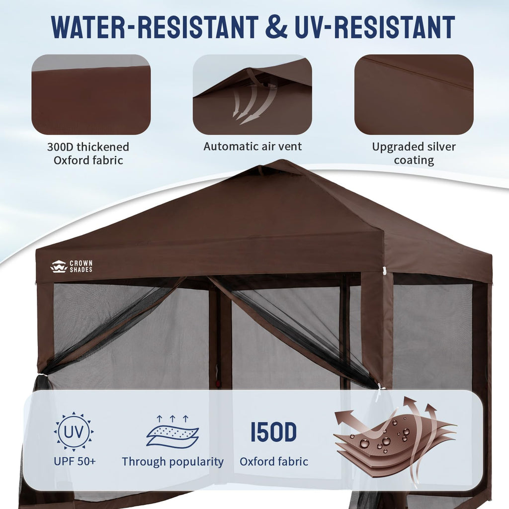 CROWN SHADES Gazebo 10x10 Pop Up Canopy with Mosquito Netting, Coffee