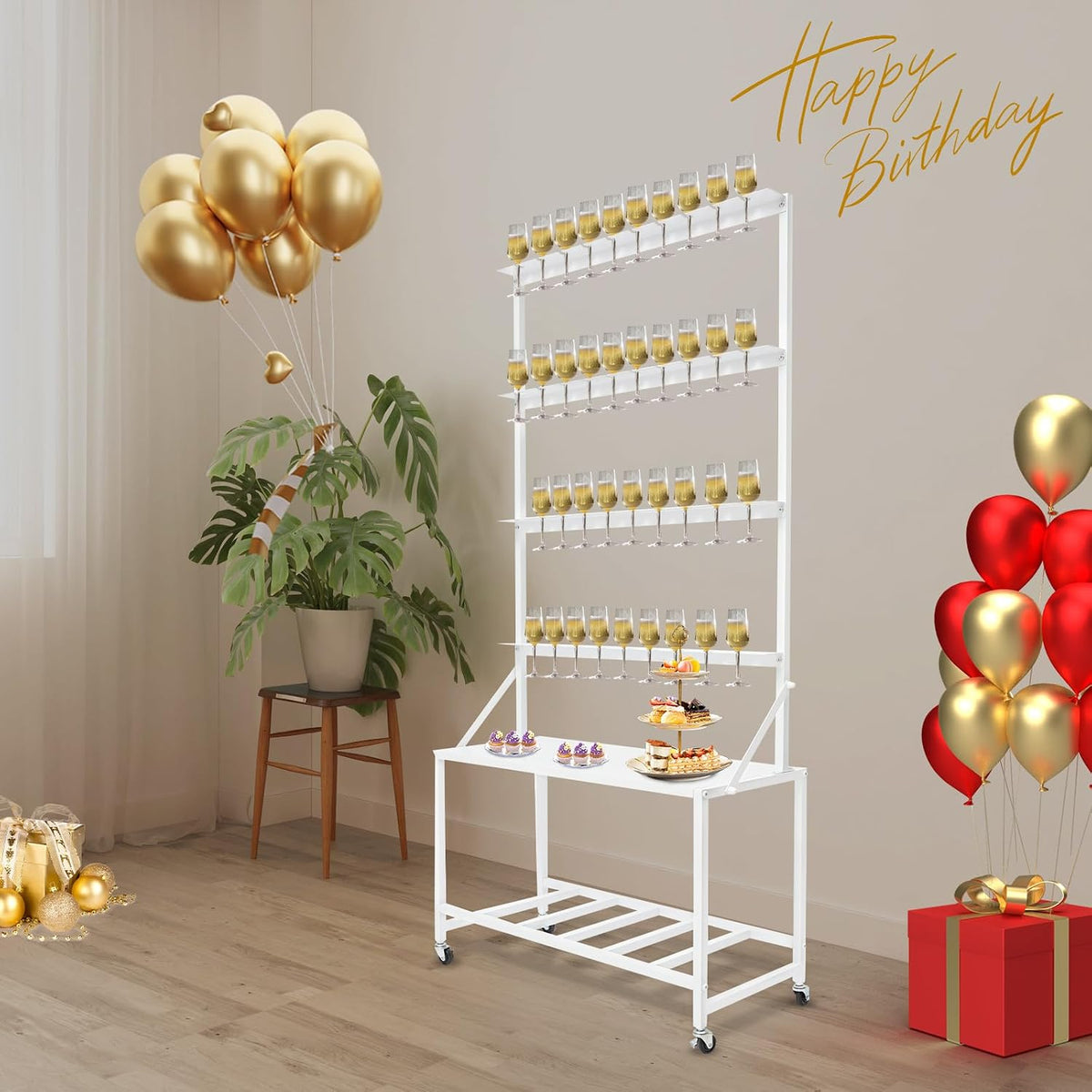 Champagne Wall Holder for Party Hold 40 Glasses, Mobile Champagne Flute Holder Display with Storage Rack, Metal Champagne Wall Stand for Wedding, Bar Decor