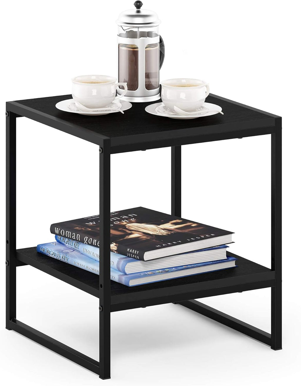 Furinno CAMNUS 2-Tier Metal Frame Side Table, Easy Assembly, Americano | Modern Square End Table with Open Shelf, Night Stand, Bedside Table, for Living Room, Bedroom