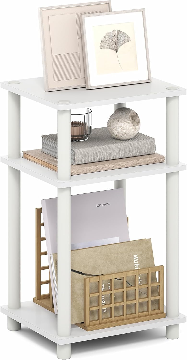 Furinno Turn-N-Tube 3-Tier Toolless Side Table, Narrow Printer Stand with Open Shelf, End Table, Night Stand, for Living Room, Bedroom, White