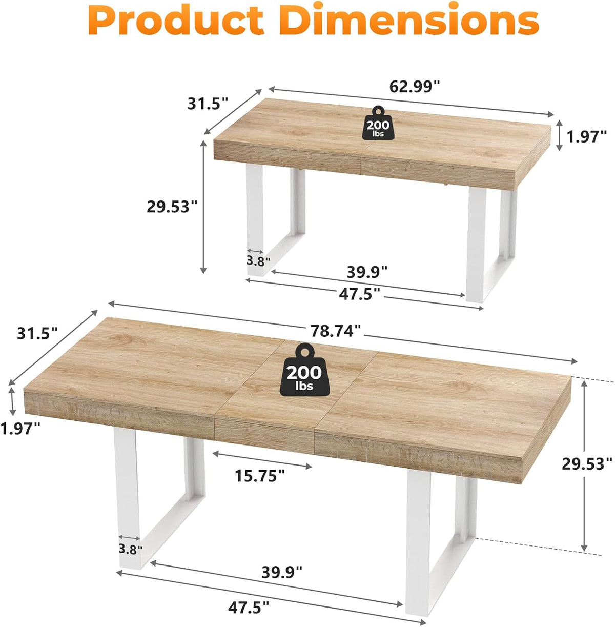 Zevemomo 63"-78.7" Expandable Dining Table, 6-10 Extendable Dining Table, Rectangle Conference Table, Farmhouse Kitchen Table with Slide Track, Tapered U-Shaped Wood Legs for Office, Living Room-Oak