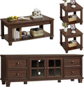 SAVOR LIFE Farmhouse TV Stand and Coffee Table Set 4 Piece, Walnut | Living Room Table Set with Drawer & Open Shelving & Thick Tabletop & Square Wooden Legs