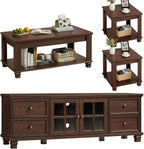 SAVOR LIFE Farmhouse TV Stand and Coffee Table Set 4 Piece, Walnut | Living Room Table Set with Drawer & Open Shelving & Thick Tabletop & Square Wooden Legs