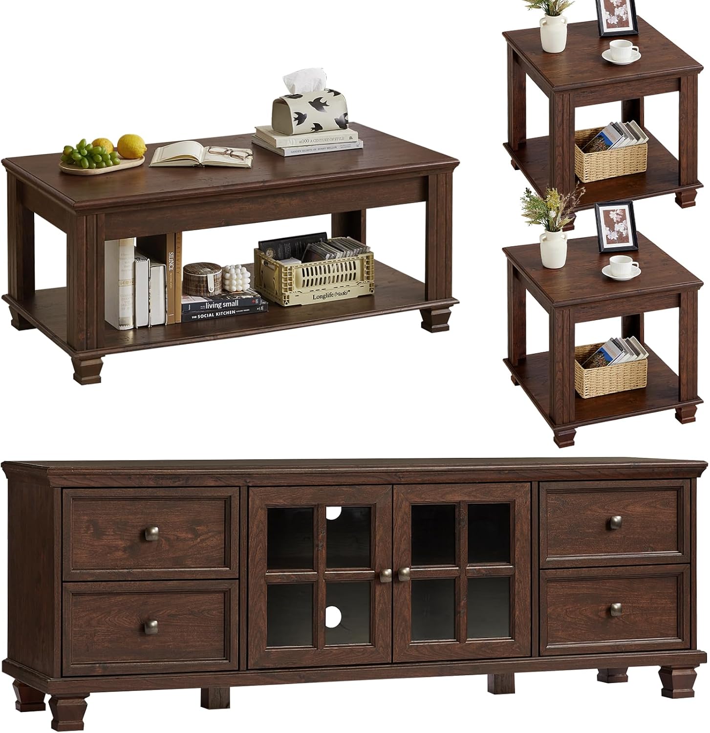SAVOR LIFE Farmhouse TV Stand and Coffee Table Set 4 Piece, Walnut | Living Room Table Set with Drawer & Open Shelving & Thick Tabletop & Square Wooden Legs