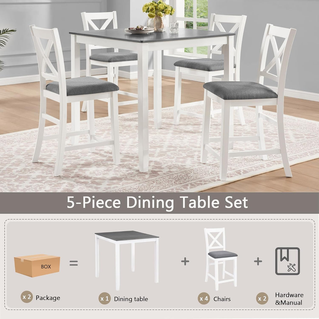 LUMISOL 5-Piece Counter Height Dining Set, Wooden Square Table with 4 Chairs, Space-Saving 4-Person Dining Table Set for Small Kitchen Dining Room, Grey + White