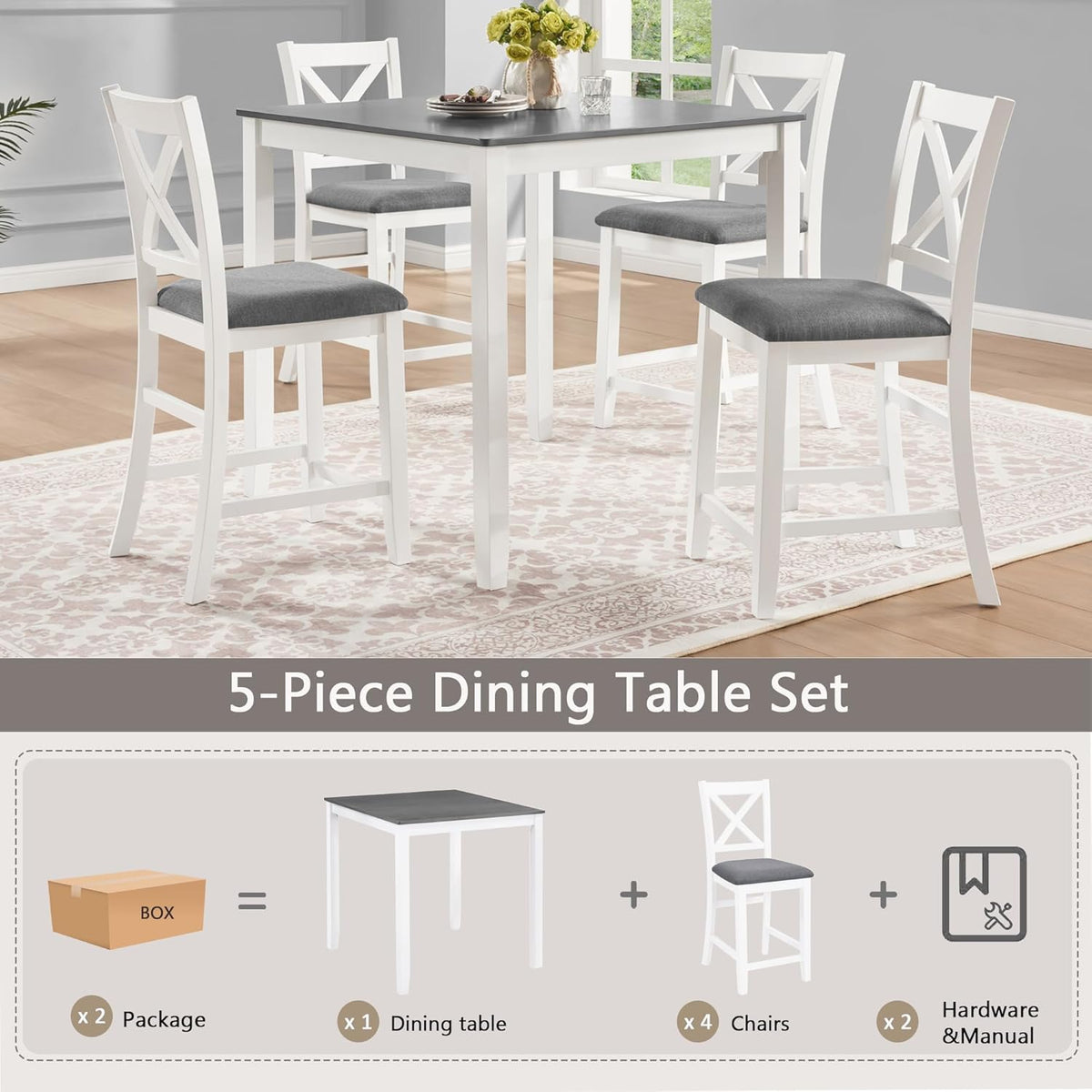 LUMISOL 5-Piece Counter Height Dining Set, Wooden Square Table with 4 Chairs, Space-Saving 4-Person Dining Table Set for Small Kitchen Dining Room, Grey + White