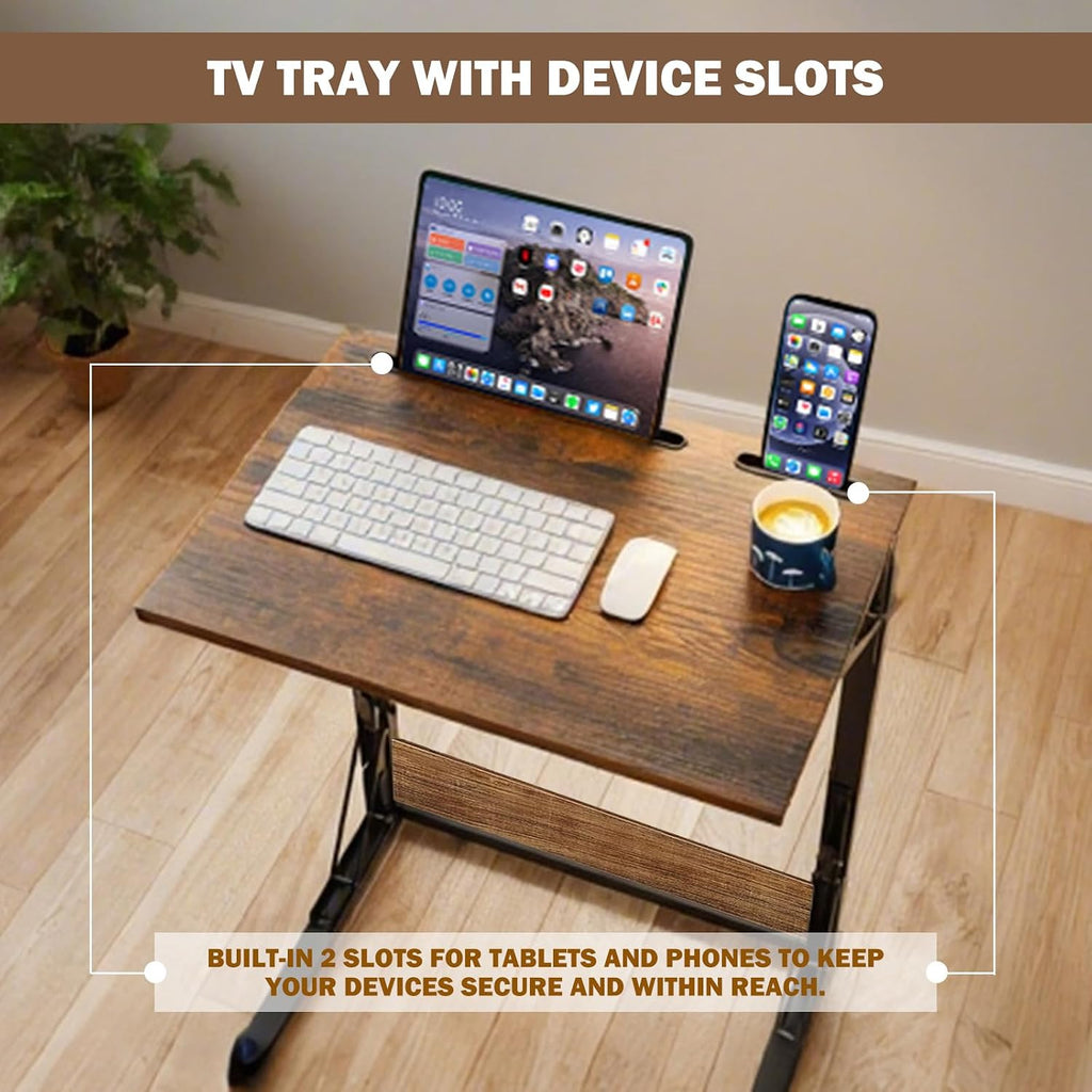 Folding TV Trays Set of 2 , Adjustable Height TV Trays for Eating on Couch | TV dinner tray table with tablet&phone slots,c shaped end table,laptop desk for sofa,bedside,recliner,dining,working,gaming