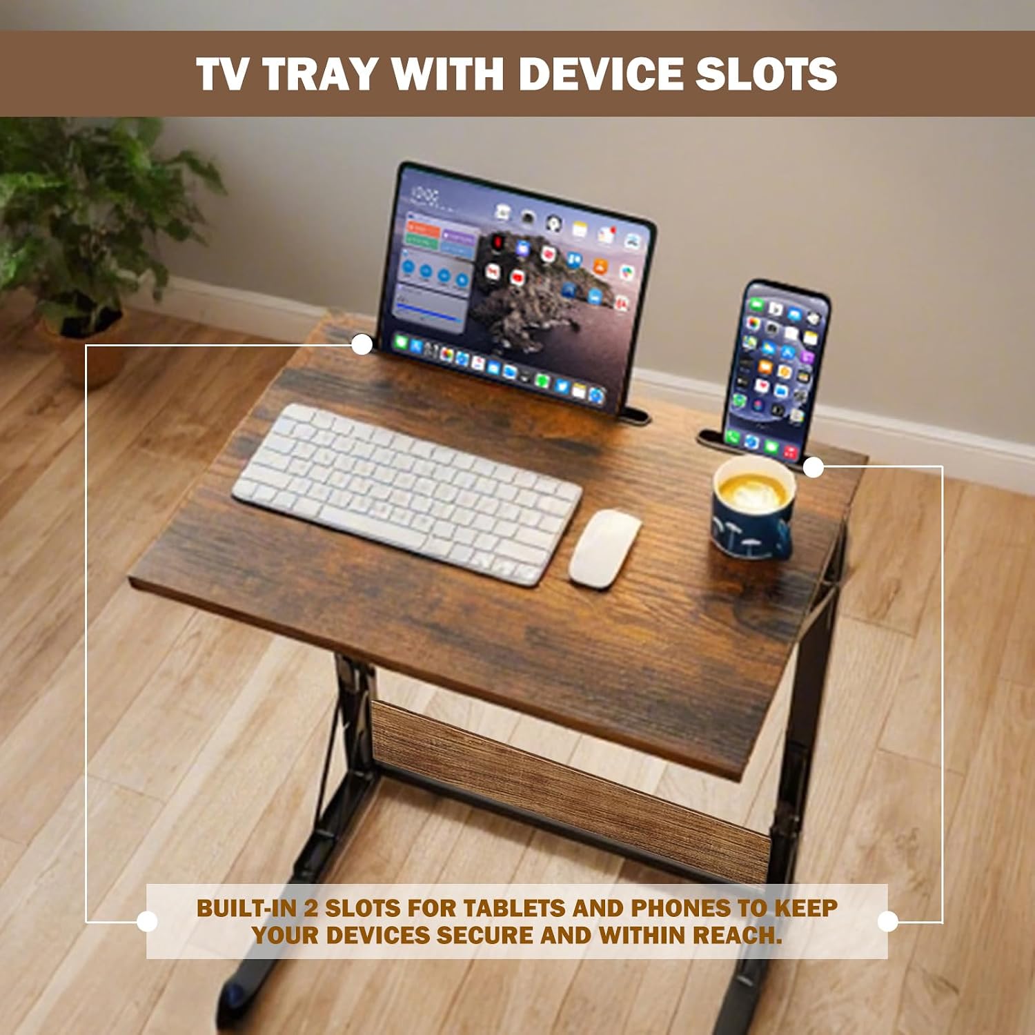 Folding TV Trays Set of 2 , Adjustable Height TV Trays for Eating on Couch | TV dinner tray table with tablet&phone slots,c shaped end table,laptop desk for sofa,bedside,recliner,dining,working,gaming