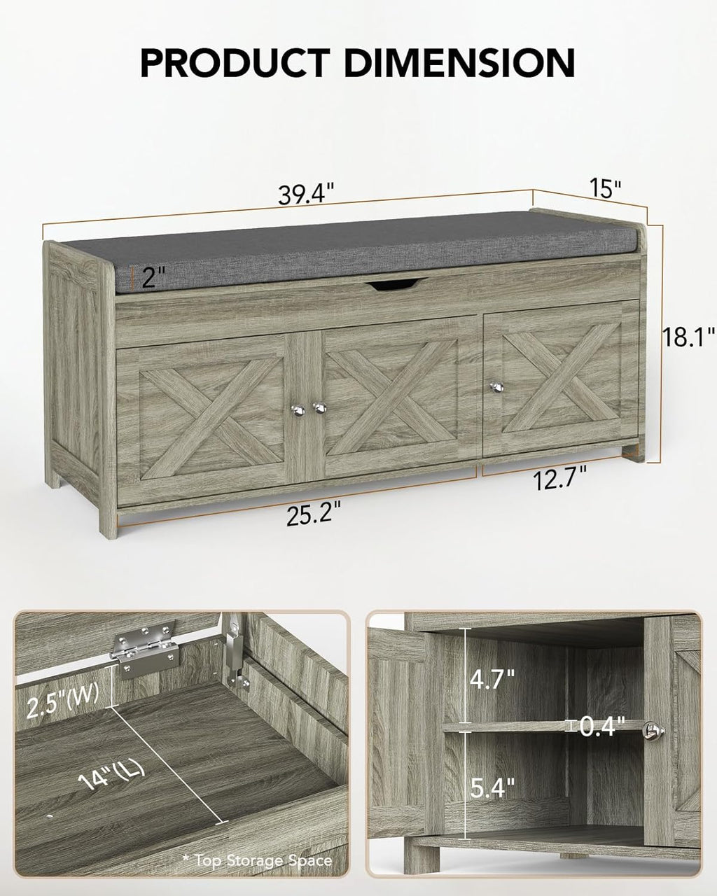 Amada Farmhouse Shoe Storage Bench with Cushion, 3 Doors & Lift-Top Storage, Adjustable Shelves, 300 lbs Capacity Entryway Bench for Bedroom, Living Room, Wash Grey