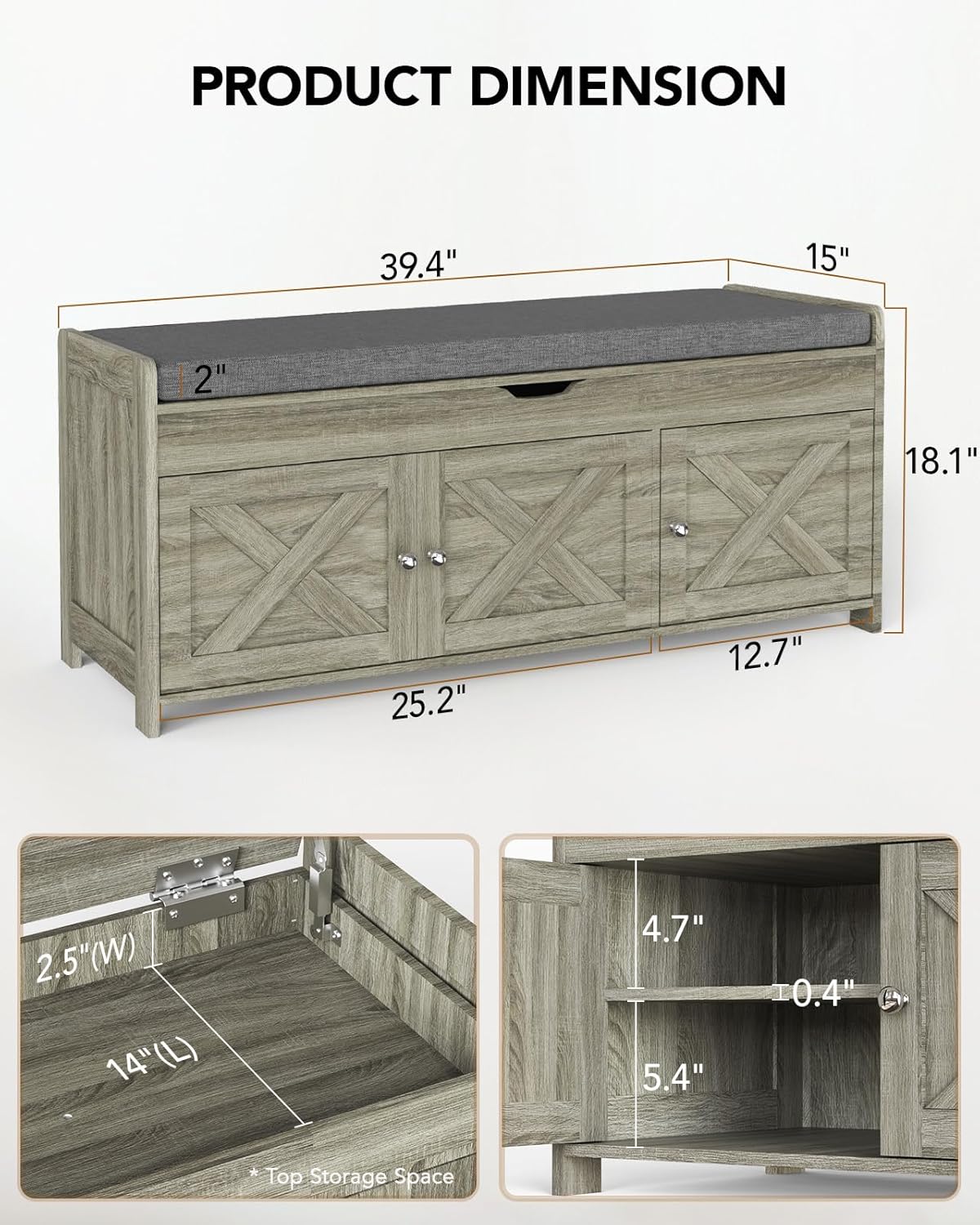 Amada Farmhouse Shoe Storage Bench with Cushion, 3 Doors & Lift-Top Storage, Adjustable Shelves, 300 lbs Capacity Entryway Bench for Bedroom, Living Room, Wash Grey