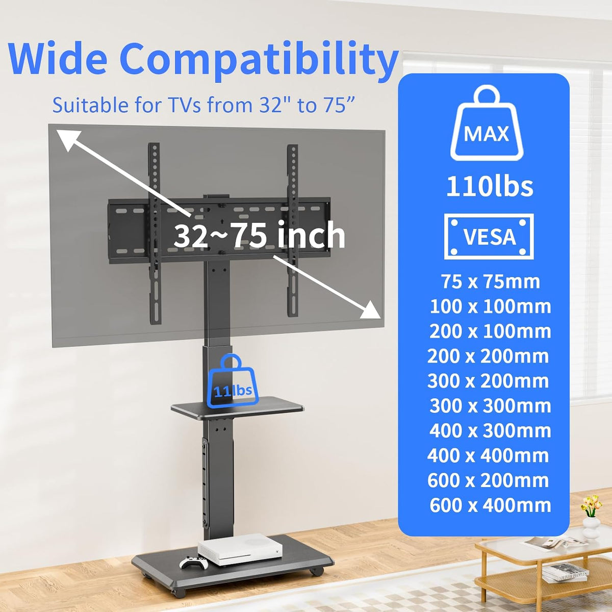 Afaloona Rolling TV Stand with Power Outlet for 32-75" TV, Max Load 110 lbs | Mobile TV cart with 18 height adjustments, ±30° swivel, media shelf and Max VESA 600×400mm for living room office and outdoor