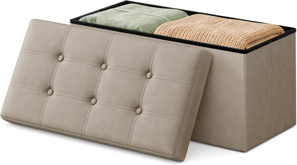 SONGMICS Home Storage Ottoman, Removable Lid, Foldable Foot Stool, PU Leather, for Entryway, Living Room, Bedroom, 15.2 x 30.2 x 15.2 Inches, Khaki