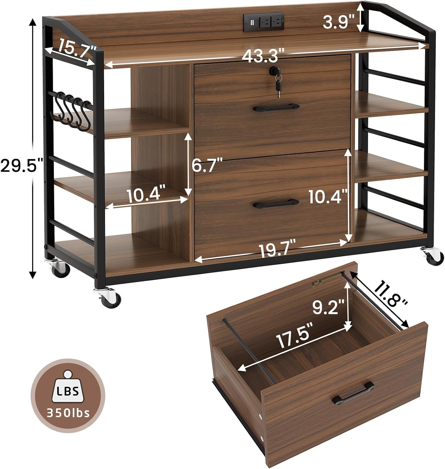 SEDETA 44" File Cabinet with Lock, Filing Cabinet fits Legal/Letter Size | Walnut Lateral 2 Drawer Filing Cabinets for Home Office with Lock, Power Strip, 6 Storage Shelves, Wheels and 4 Hooks