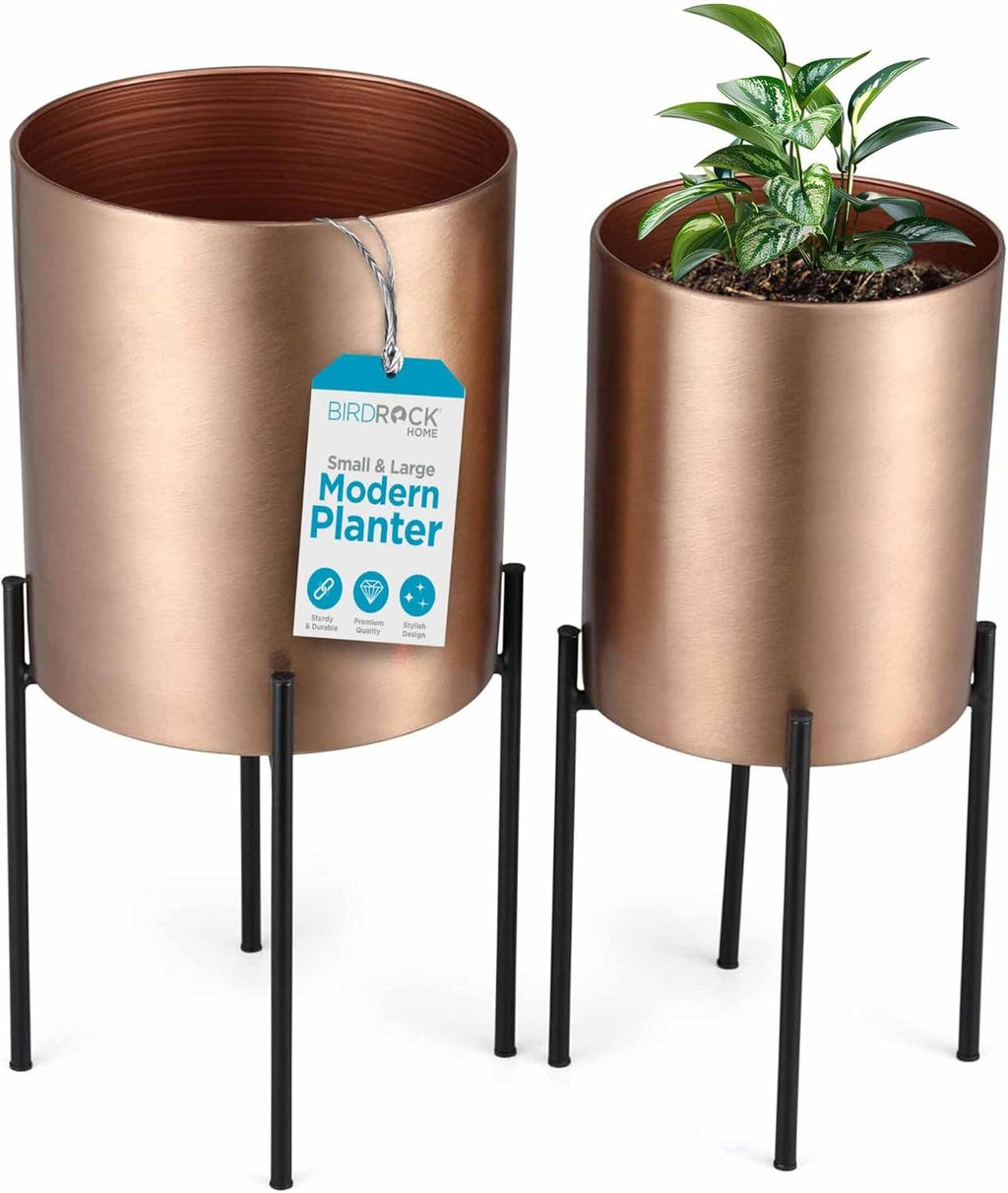 BIRDROCK HOME 2pc Modern Planter with Stand - Elevated Plant Holder for Indoor/Outdoor Use - Sturdy Black Floor Standing Pot Stand for Houseplants, Trees, and Flowers - Small Large - Bronze