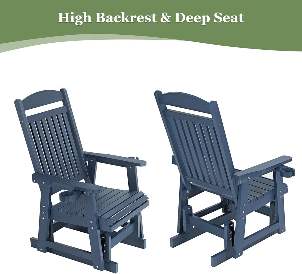 Poly Lumber Patio Glider for One Person, with Cup Holders, High Backrest and Deep Contoured Seat, HIPS Material, All-Weather Resistant, Heavy Duty 700 LBS (Navy Blue)
