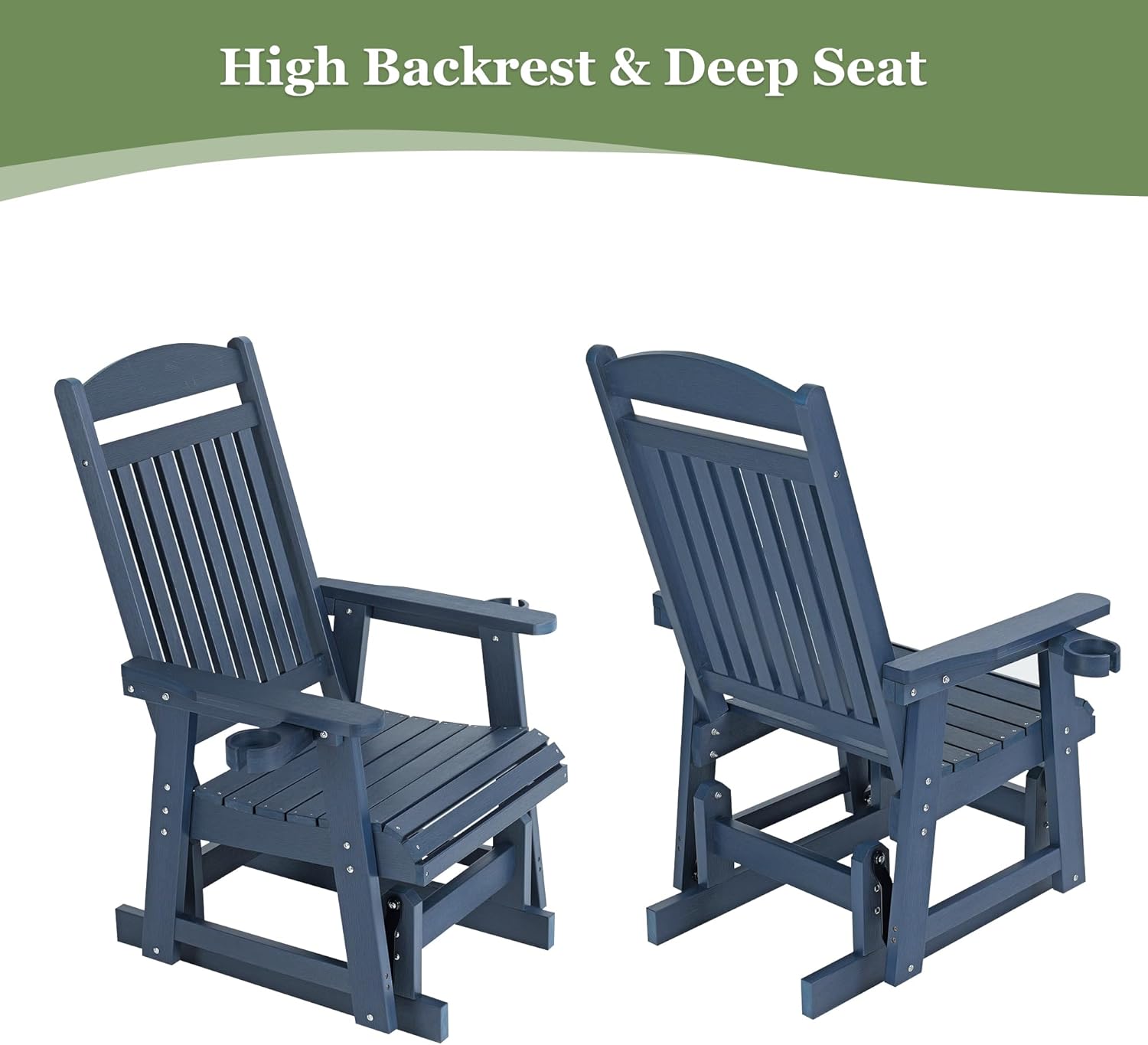 Poly Lumber Patio Glider for One Person, with Cup Holders, High Backrest and Deep Contoured Seat, HIPS Material, All-Weather Resistant, Heavy Duty 700 LBS (Navy Blue)