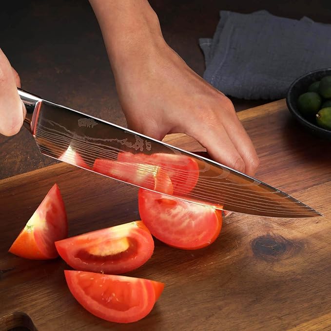 SENKEN 8-Piece Japanese Knife Set with Black Resin Handle and Laser Damascus Pattern - Onyx Collection - Chef's Knife, Santoku Knife, Bread Knife, Paring Knife, & More