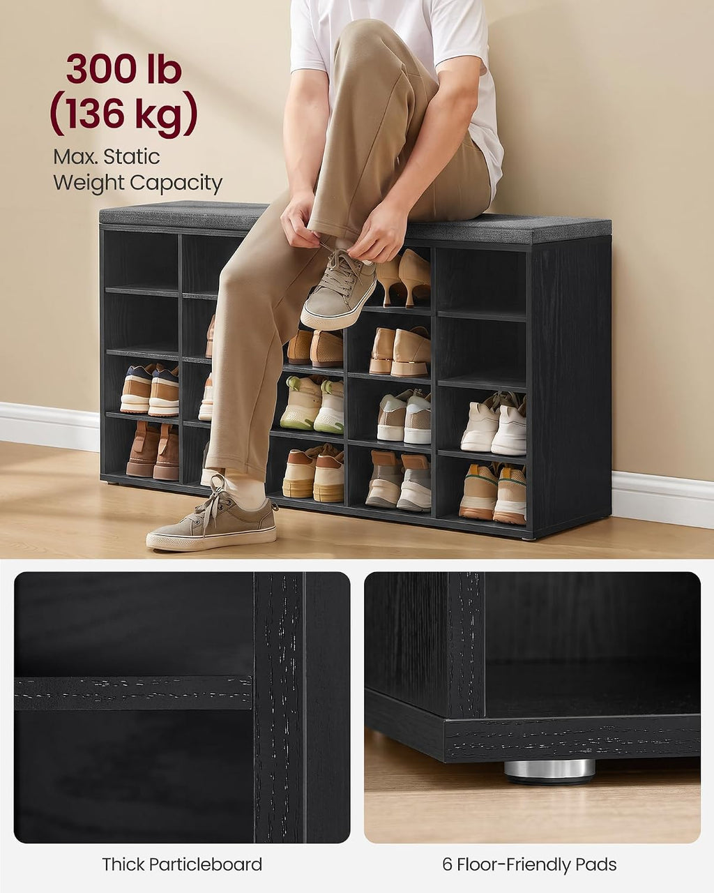 VASAGLE Shoe Bench with Cushion, 20 Compartments, 12 x 47.2 x 24.7 Inches | Entryway Storage Bench with Padded Seat, for Bedroom, Ebony Black and Slate Gray, CUSTOS Collection ULHS045B101S