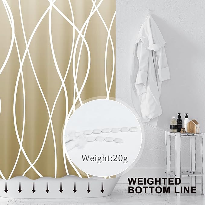 Punkray Ombre Khaki Beige Ivory Shower Curtain for Bathroom with Hooks, Stripe Bath Curtains Decorative Shower Curtains Water Repellent Washable, 72 x 72