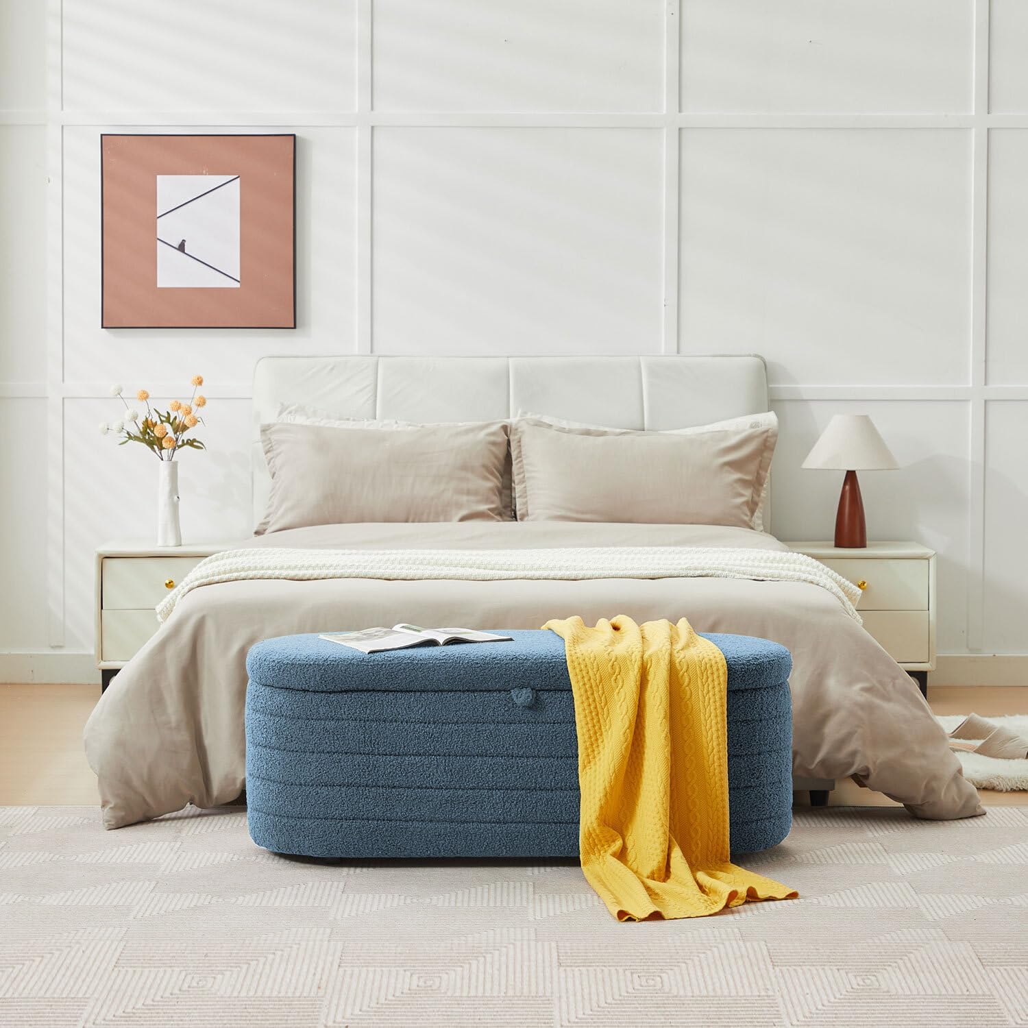 Storage Ottoman Bench End of Bed for Bedroom,45 inch Boucle Upholstered Entryway Shoe Seat Bench w/Storage,Sherpa Modern Padded Blanket Chest Stool Foot Rest for Living Room,Window Seating,Blue