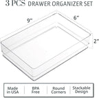 STORi SimpleSort 3-Piece Stackable Clear Drawer Organizer Set | 9" x 6" x 2" Rectangle Trays | Wide Makeup Vanity Storage Bins and Office Desk Drawer Dividers | Made in USA
