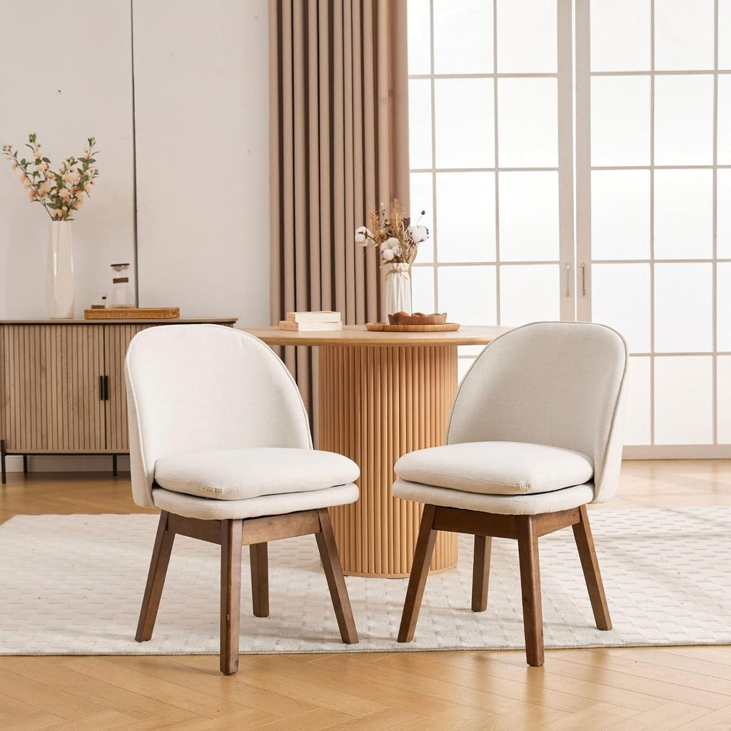 ROCITY Swivel Dining Chairs Set of 4, Beige Linen Kitchen Chairs with Solid Wood Legs, Mid Century Modern Upholstered Dining Room Chair Armless Accent Chair for Kitchen/Restaurant
