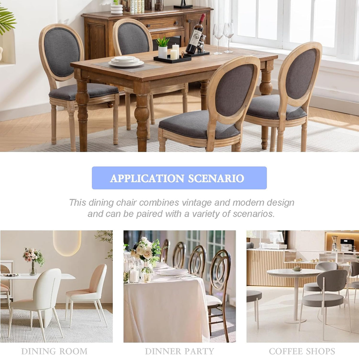 French Country Dining Chairs Set of 4, Upholstered Dining Room Chairs with Round Back, Solid Wood Legs, Oval Side Chairs for Kitchen,Bedroom,Dining Room,Restaurant(Dark Grey-Fabric)