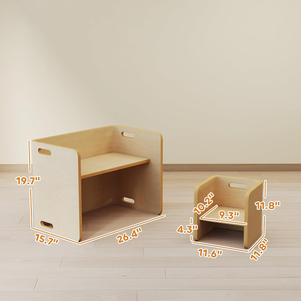 Qaba Kids Table and Chair Set, Adjustable Height Toddler Learning Desk | Natural Finish Children Furniture Set for Ages 3-8 with Adjustable Play and Study Space