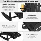Adirondack Rocking Chair with Retractable Ottoman Set of 2,Outdoor Folding Adirondack Chair with Cup Holder,HDPE All-Weather Patio Lounge Chair for Porch,Lawn, Poolside, Black