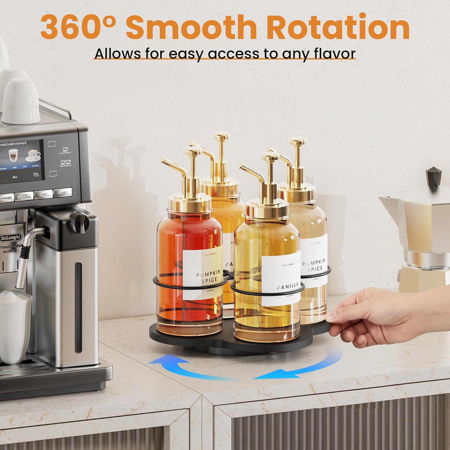 THYGIFTREE 3-Tier Coffee Syrup Organizer for 12 Bottles,Rotating Coffee Syrup Rack for 4 Bottles for Coffee Bar Station, Black