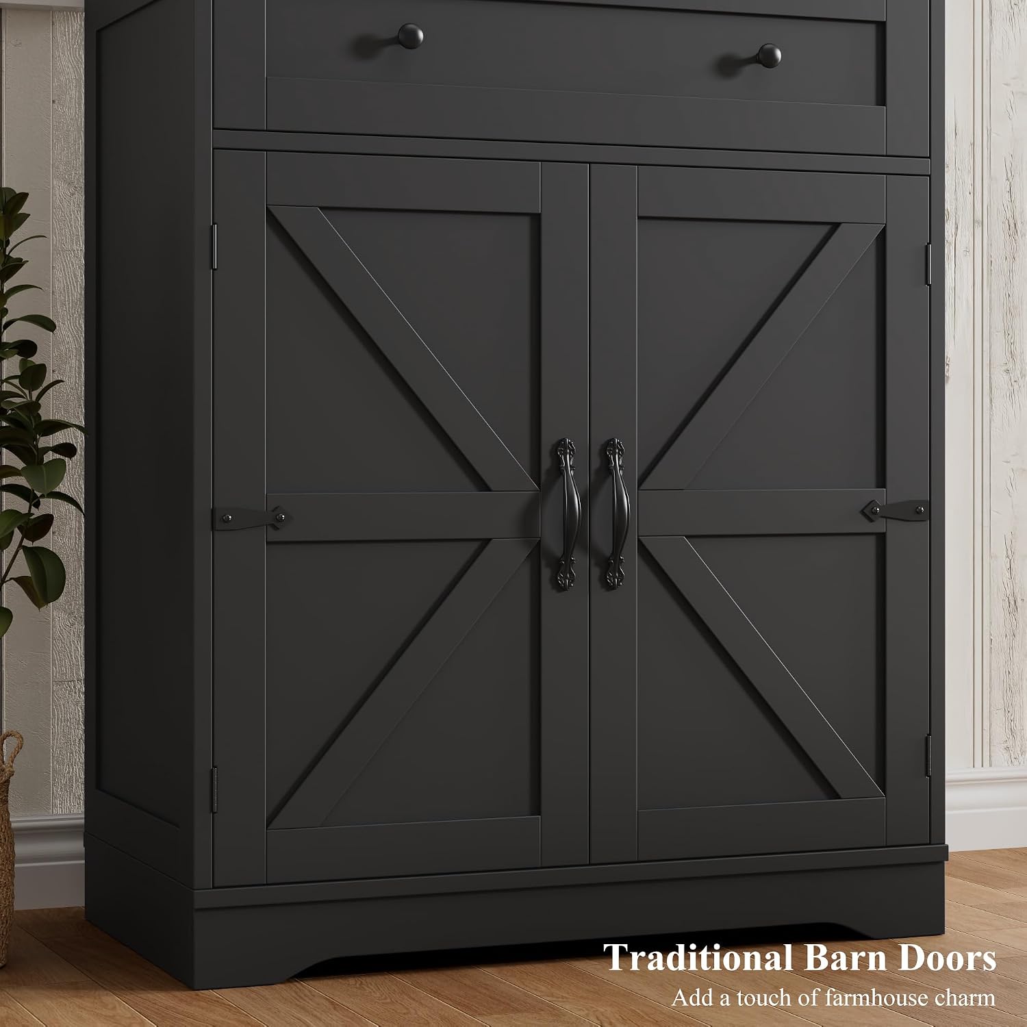 HOSTACK 71" Tall Pantry Cabinet, Farmhouse Kitchen Pantry with Storage Shelves, Barn Doors Food Storage Cabinet, Freestanding Kitchen Hutch with Large Drawer for Dining Room, Living Room, Black