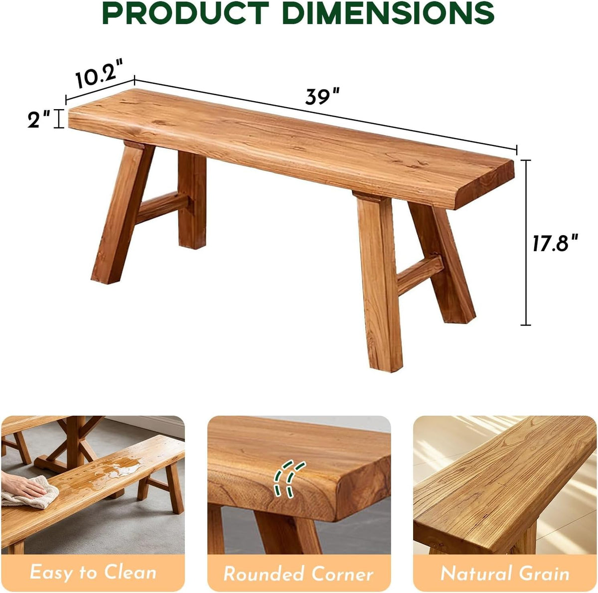Narrow Entryway Bench Farmhouse Wood End of Bed Bench 20" 32" 39" 47" 55" 63" 71" 79" Sturdy Stable Skinny Long Benchs for Bedroom Hallway Dining Room Porch Easy to Assemble Natural Finish(39")