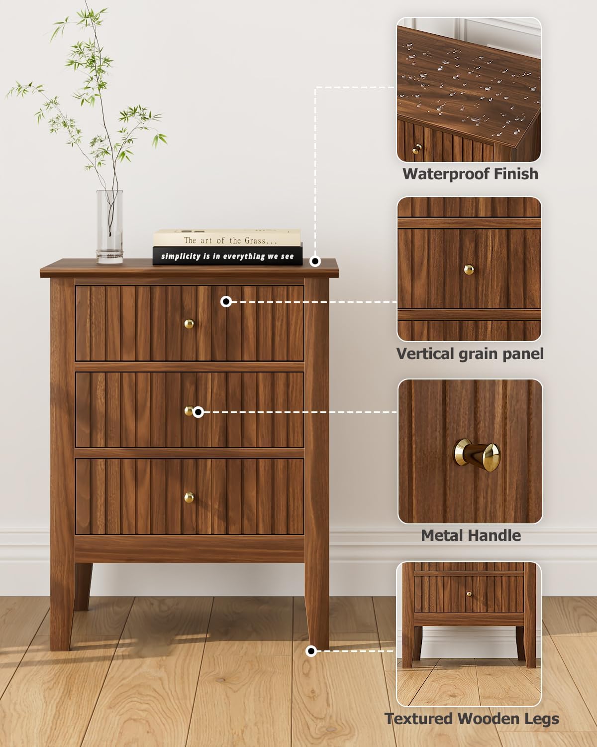 Night Stand, Fluted Nightstand Bedside Tall Farmhouse Nightstand with 3 Drawers, Mid Century Modern Side Accent Table,Bedside End Table for Bedroom, Living Room, Walnut