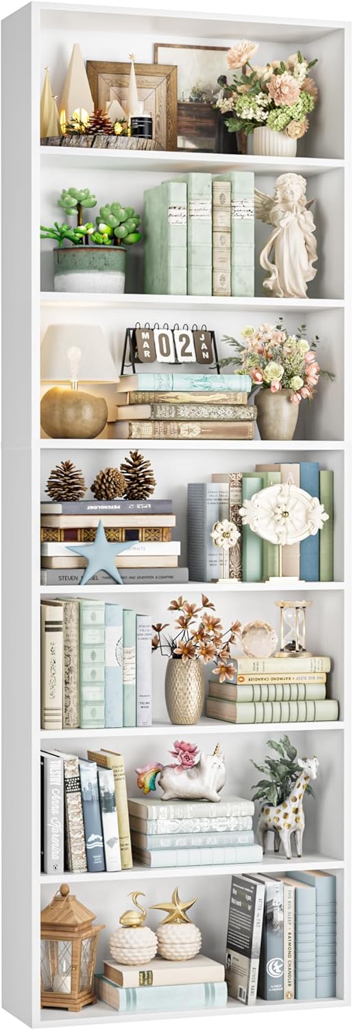 FACBOTALL 82" Tall Bookshelf, 7-Tier Open Shelves Bookcase, Freestanding Display Storage Shelves, Tall Bookcase Home Decor Furniture for Home Office, Living Room, Bedroom, White
