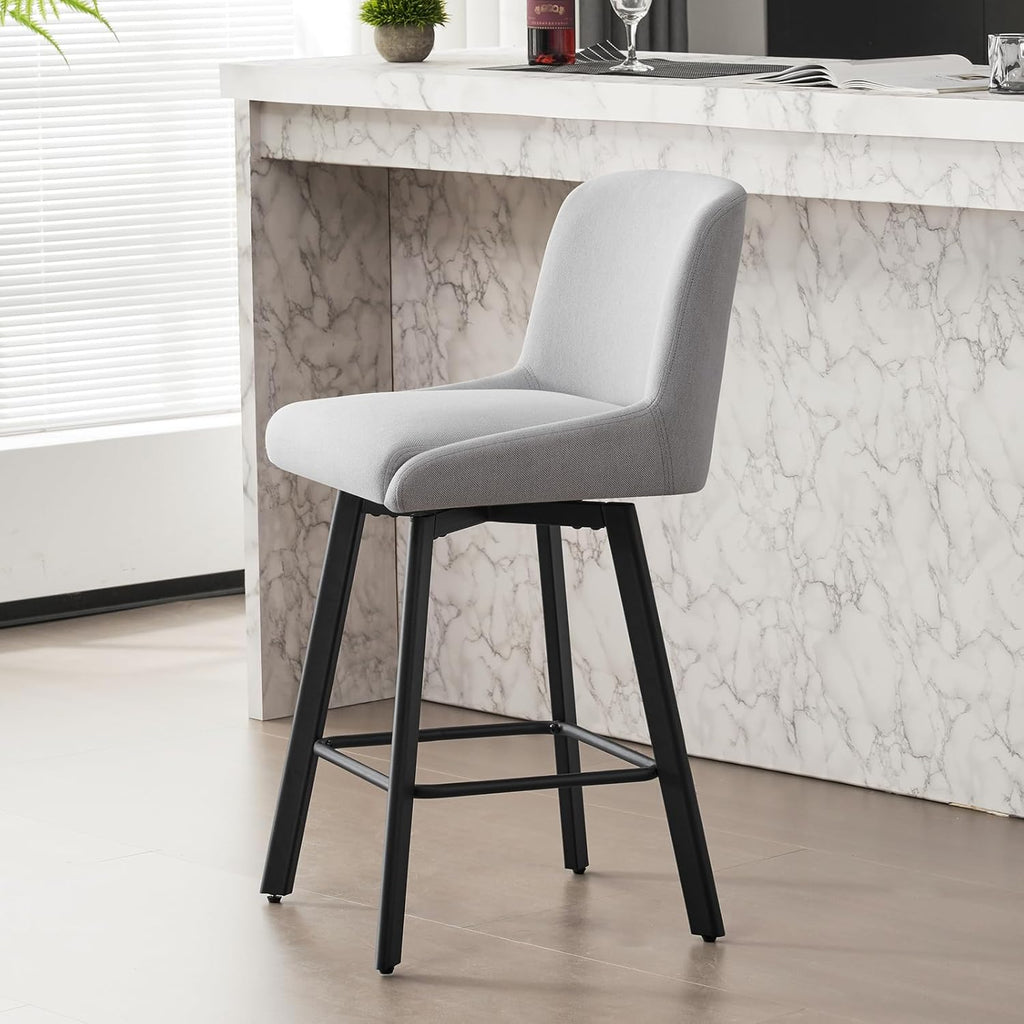 SAECKBERG Swivel Bar Stools Set of 3, 26''H Upholstered Barstools with Backs, Modern Counter Height Bar Stool Chairs for Kitchen Island, Metal Legs, Light Gray Fabric Counter Stools